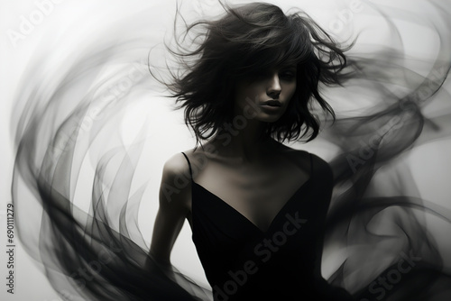 Obraz na płótnie Beautiful woman with hair blowing in wind. Photo of beautiful woman with magnificent hair. Young brunette model with hair flying in the wind. Black and white mystical image. w salonie