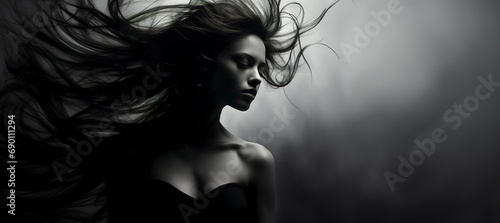 Obraz na płótnie Beautiful woman with hair blowing in wind. Photo of beautiful woman with magnificent hair. Young brunette model with hair flying in the wind. Black and white mystical image. w salonie