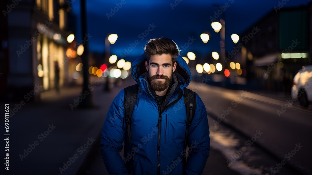 The Lone Figure in a Blue Jacket, Braving the Bustling Urban Landscape The Lone Figure in a Blue Jacket, Braving the Bustling Urban Landscape