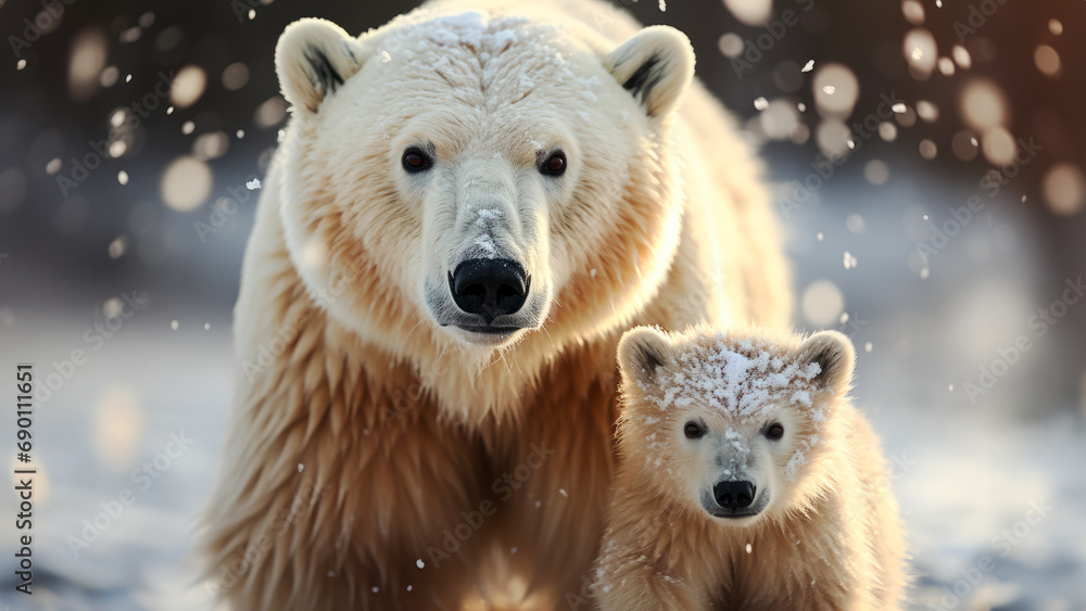 Polar bear (Ursus maritimus) mother and cub in the snow - obrazy, fototapety, plakaty 