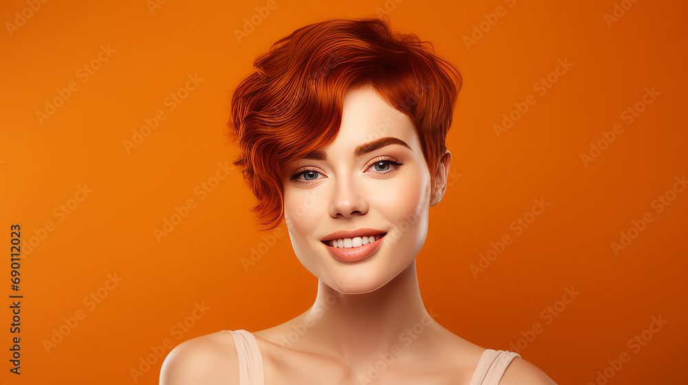 Portrait of an elegant, sexy smiling woman with perfect skin and short red hair, on an orange background, banner. Portrait of an elegant, sexy smiling woman with perfect skin and short red hair, on an orange background, banner.