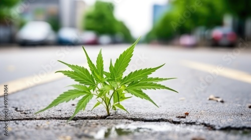 Cannabis leaf plant breaking through the city asphalt background. Green Hemp leaves growing on crack street.