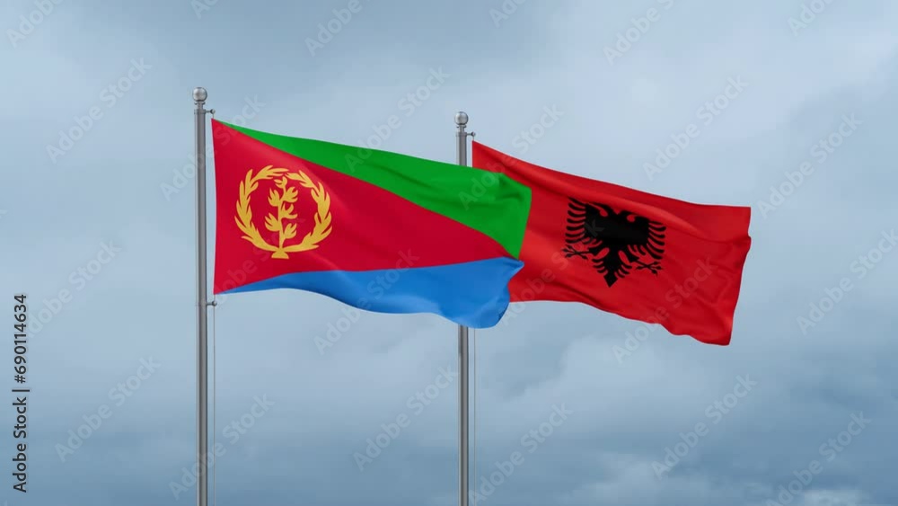 Eritrea flag and Albania flag waving together on cloudy sky, endless seamless loop Eritrea flag and Albania flag waving together on cloudy sky, endless seamless loop