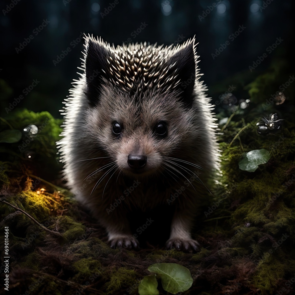 Naklejka premium Spiny hedgehog in a flowering forest at dusk and fireflies. Generative AI.