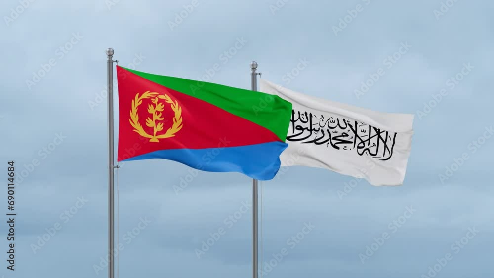Eritrea flag and Afghanistan flag waving together on cloudy sky, endless seamless loop Eritrea flag and Afghanistan flag waving together on cloudy sky, endless seamless loop