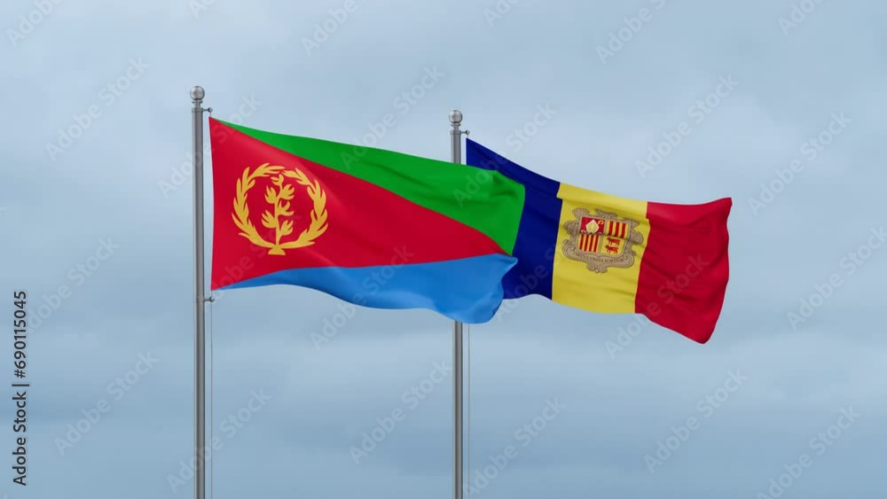 Eritrea flag and Andorra flag waving together on cloudy sky, endless seamless loop