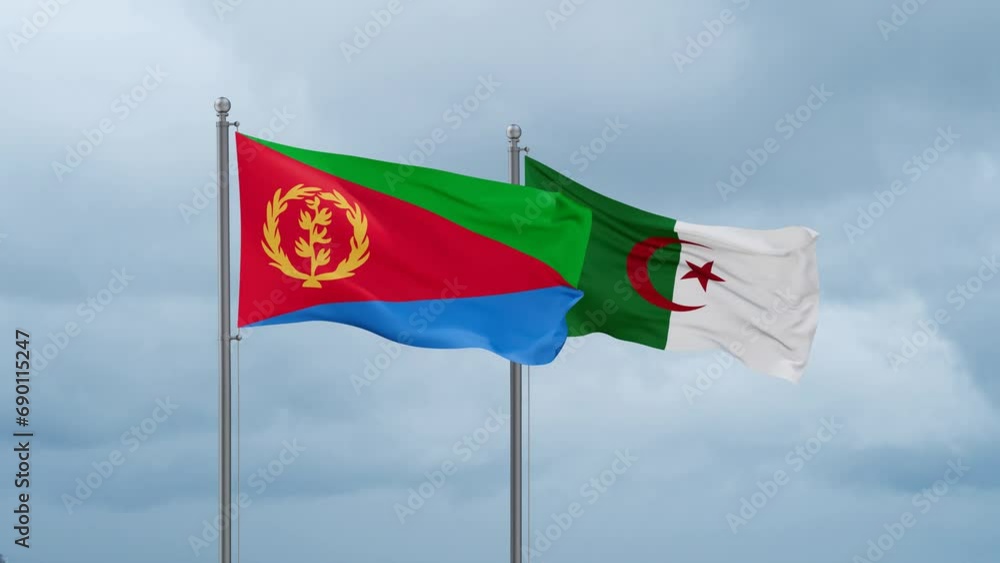 Eritrea flag and Algeria flag waving together on cloudy sky, endless seamless loop Eritrea flag and Algeria flag waving together on cloudy sky, endless seamless loop