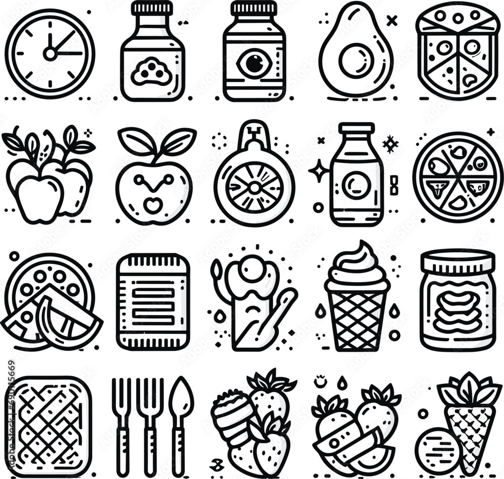 Collection of Nutrition Editable Icons isolated on white background vector types: Food, Fruits, Minerals, mixed fruits  Health, Medical and more. illustration EPS10 