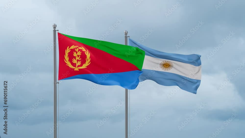 Argentina flag and Eritrea flag waving together on cloudy sky, endless seamless loop, two country relations concept Argentina flag and Eritrea flag waving together on cloudy sky, endless seamless loop, two country relations concept