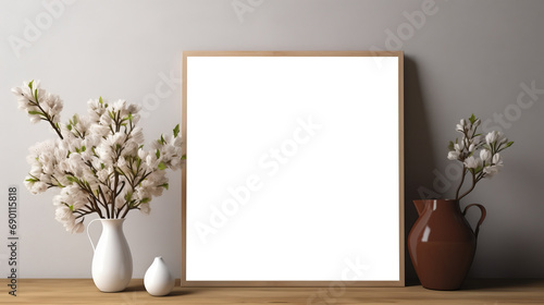 Photo poster frame mockup with a green plant and wooden frames on a transparent background. area PNG File