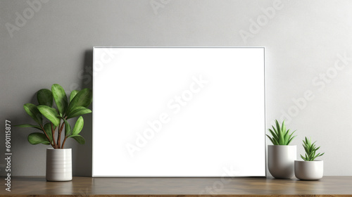 Photo poster frame mockup with a green plant and wooden frames on a transparent background. area PNG File
