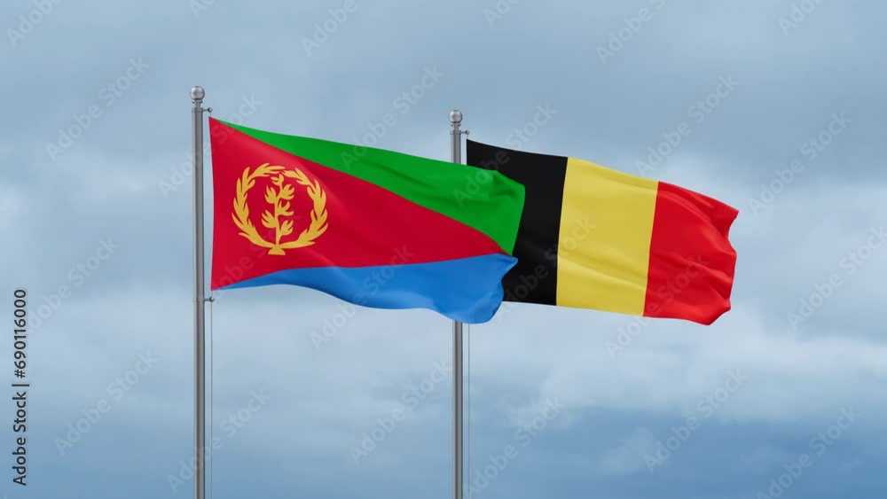 Belgium flag and Eritrea flag waving together on cloudy sky, endless seamless loop, two country relations concept Belgium flag and Eritrea flag waving together on cloudy sky, endless seamless loop, two country relations concept