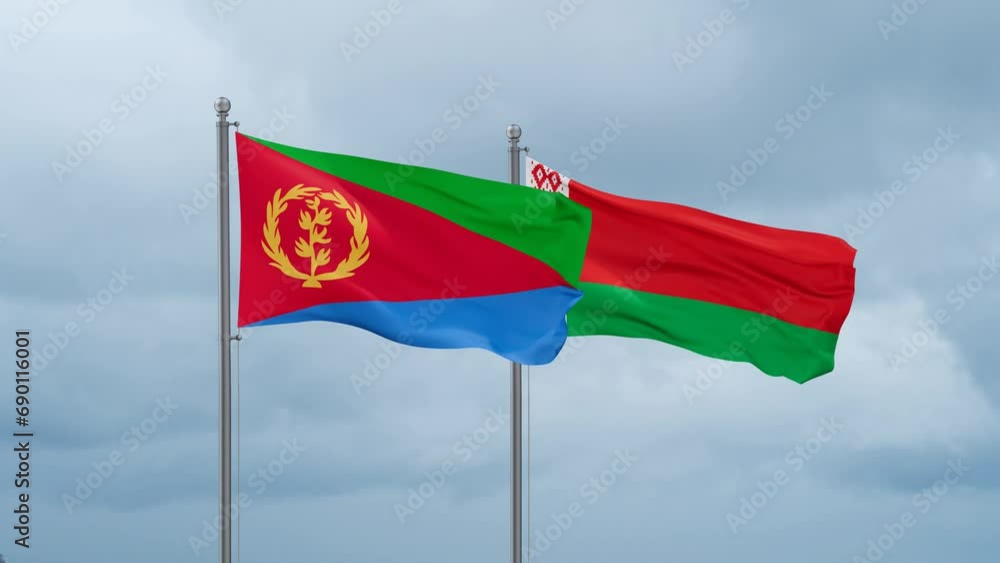 Belarus and Eritrea flag waving together on cloudy sky, endless seamless loop, two country cooperation concept Belarus and Eritrea flag waving together on cloudy sky, endless seamless loop, two country cooperation concept
