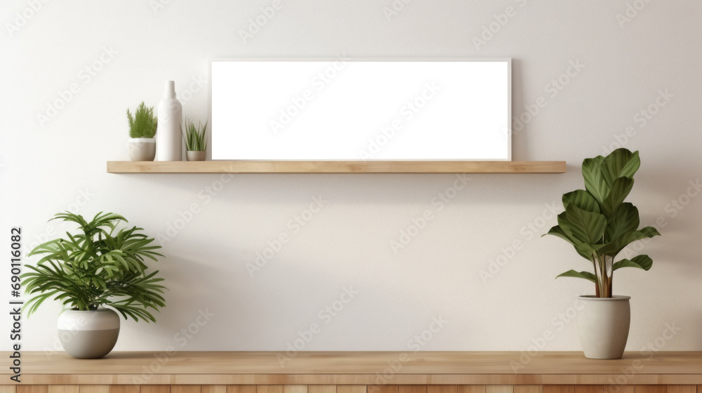 Photo poster frame mockup with a green plant and wooden frames on a transparent background. area PNG File