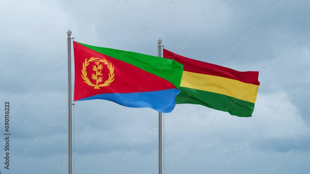 Bolivia flag and Eritrea flag waving together on cloudy sky, endless seamless loop, two country relations concept Bolivia flag and Eritrea flag waving together on cloudy sky, endless seamless loop, two country relations concept