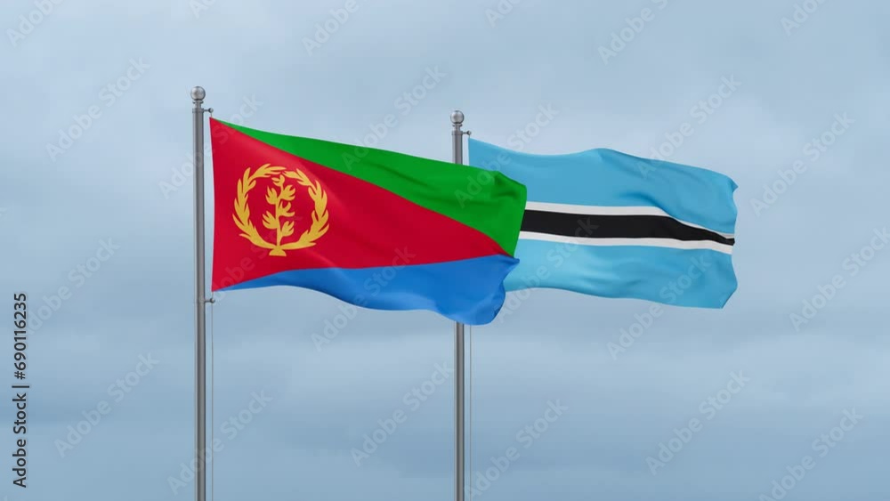 Botswana flag and Eritrea flag waving together on cloudy sky, endless seamless loop, two country relations concept Botswana flag and Eritrea flag waving together on cloudy sky, endless seamless loop, two country relations concept