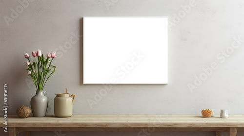 Photo poster frame mockup with a green plant and wooden frames on a transparent background. area PNG File