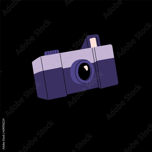 Vintage professional film camera with photoflash. Retro analog photo equipment with lean, shutter, rangefinder. Photography 70s technology, manual journalist device. Flat isolated vector illustration