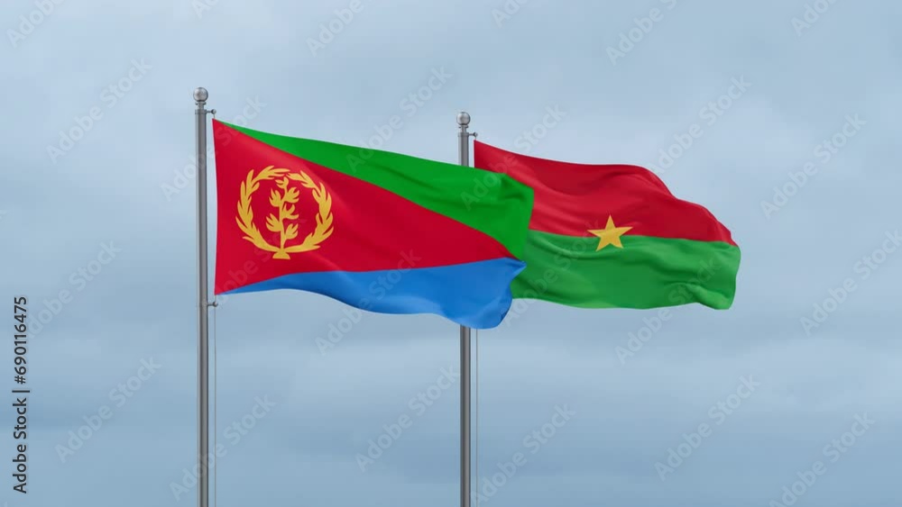 Burkina Faso flag and Eritrea flag waving together on cloudy sky, endless seamless loop, two country relations concept Burkina Faso flag and Eritrea flag waving together on cloudy sky, endless seamless loop, two country relations concept