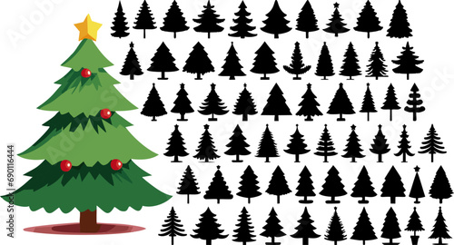 Collection de sapins de Noël vectoriel, silhouettes variées, fond transparent, fichier PNG pour design festif