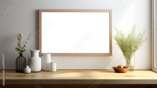 Photo poster frame mockup with a green plant and wooden frames on a transparent background. area PNG File © ND STOCK