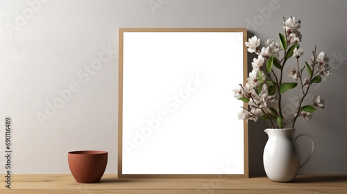 Photo poster frame mockup with a green plant and wooden frames on a transparent background. area PNG File