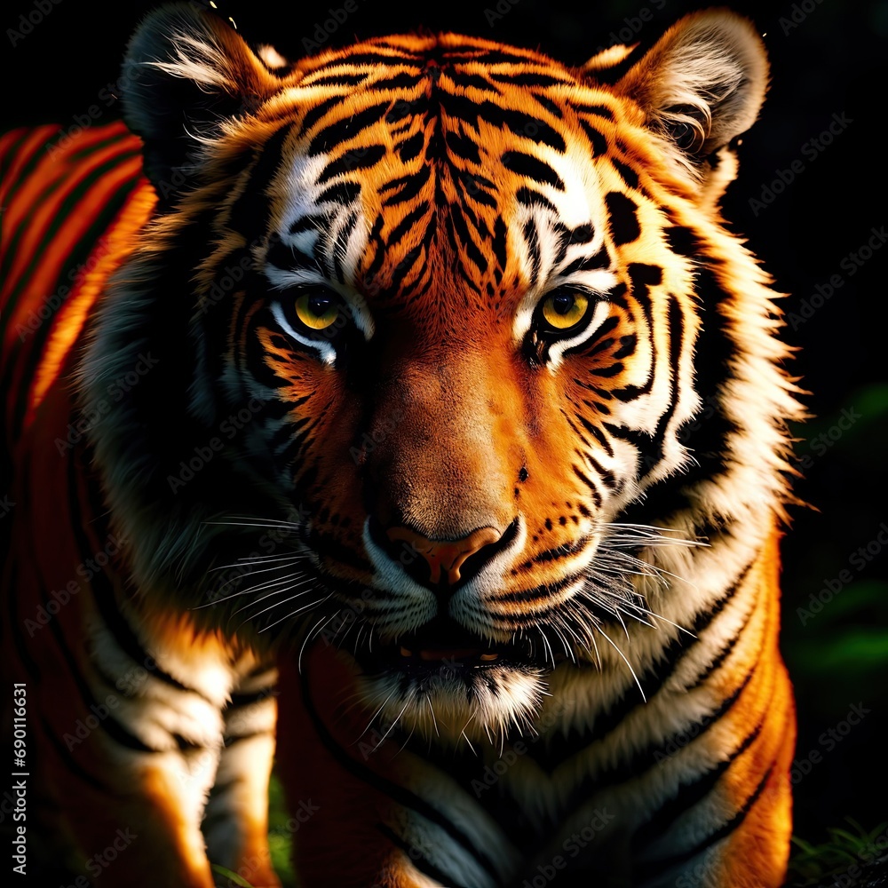 Naklejka premium A formidable tiger sneaks in the night forest. Generative AI.