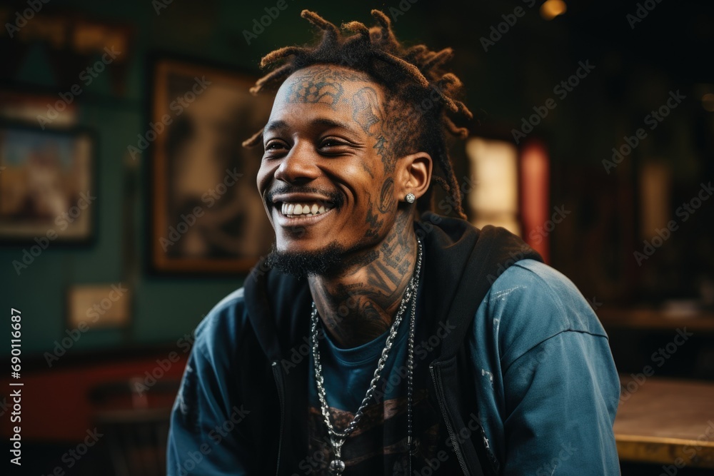 A joyful man with tattoos smiles brightly while sitting in a vibrant café during the evening hours, showcasing happiness and authenticity A joyful man with tattoos smiles brightly while sitting in a vibrant café during the evening hours, showcasing happiness and authenticity