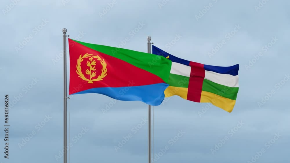 Central African Republic flag and Eritrea flag waving together on cloudy sky, endless seamless loop, two country relations concept Central African Republic flag and Eritrea flag waving together on cloudy sky, endless seamless loop, two country relations concept