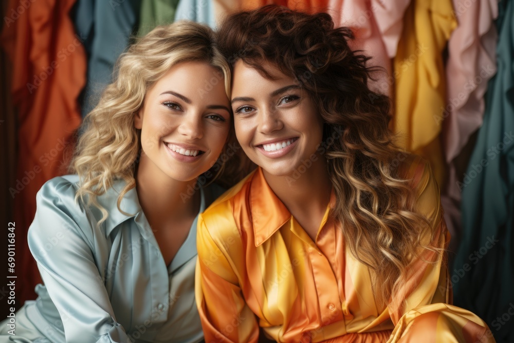 Two smiling women pose together in vibrant clothing against a colorful fabric backdrop, showcasing friendship and joy in a cheerful atmosphere Two smiling women pose together in vibrant clothing against a colorful fabric backdrop, showcasing friendship and joy in a cheerful atmosphere