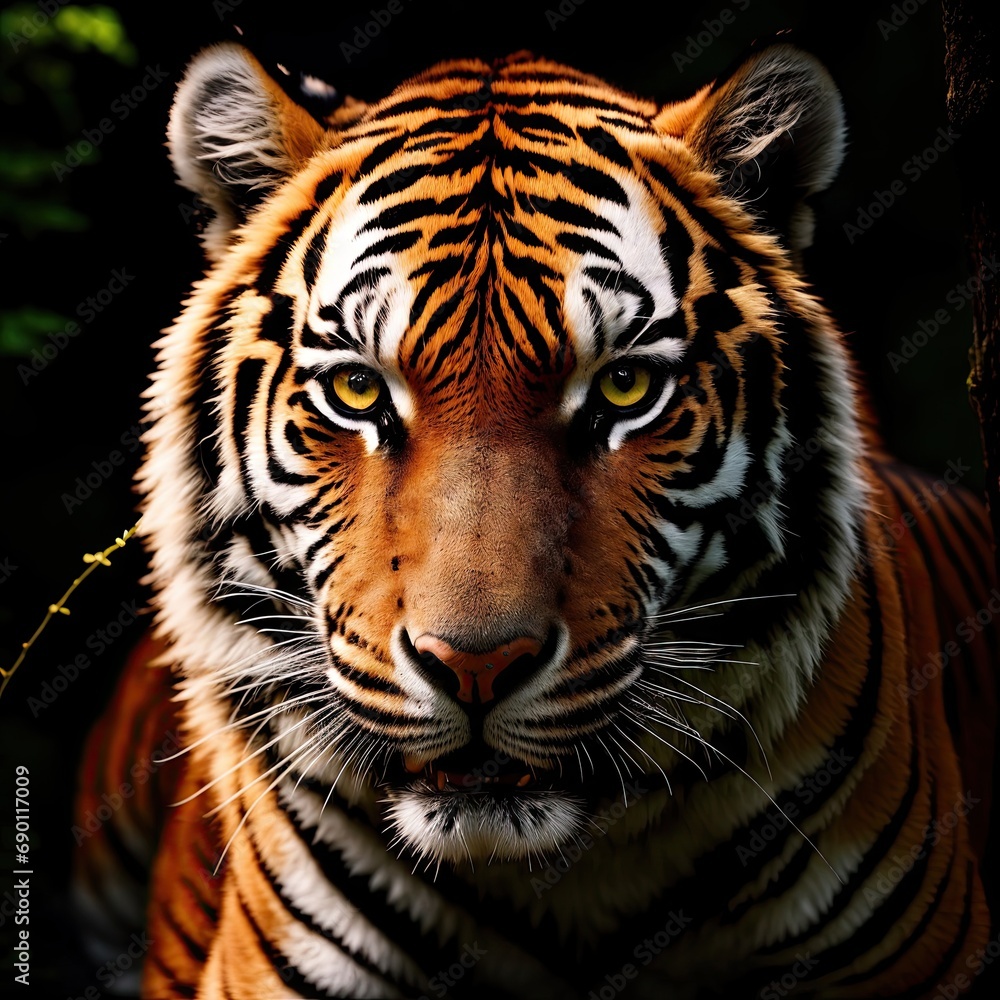 A formidable tiger sneaks in the night forest. Generative AI. A formidable tiger sneaks in the night forest. Generative AI.