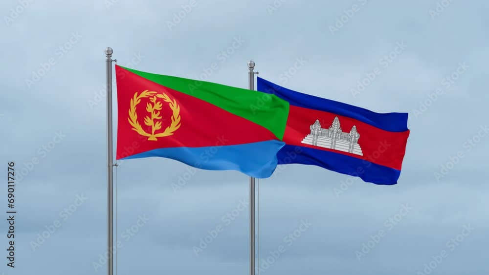 Cambodia flag and Eritrea flag waving together on cloudy sky, endless seamless loop, two country relations concept Cambodia flag and Eritrea flag waving together on cloudy sky, endless seamless loop, two country relations concept