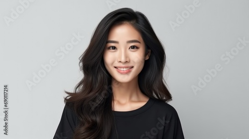 Young woman with long black hair smiles warmly against a neutral background during a studio photoshoot