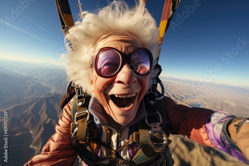 an elderly woman is flying the air on a parachut