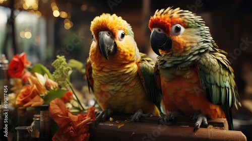 Two green parrots sitting on a branch next to each other, tropical exotic birds