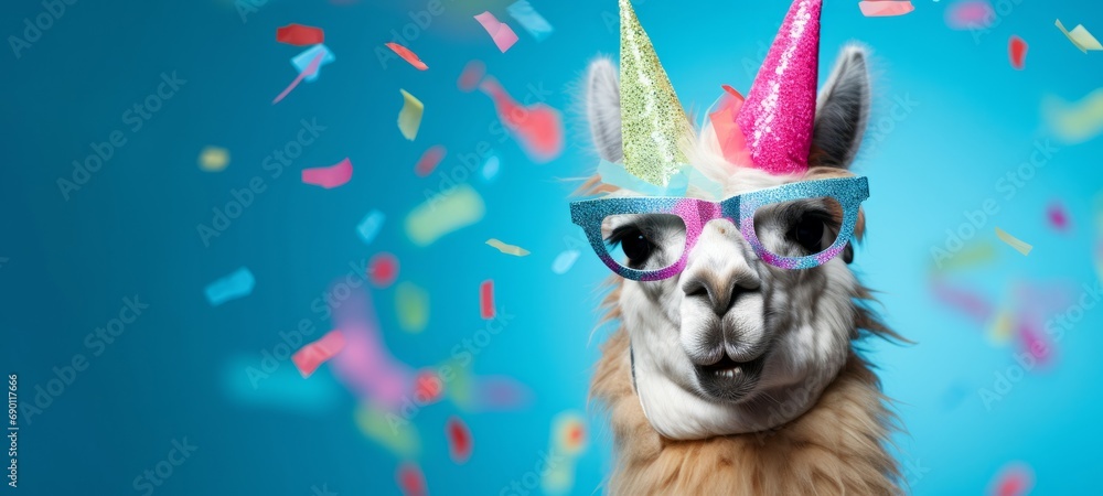 Fototapeta premium Happy Birthday, carnival, New Year's eve, sylvester or other festive celebration, funny animals card - Alpaca with party hat and sunglasses on blue background with confetti