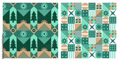   Set of Seamless pattern with geometric Christmas motifs. Repeatable pattern tile design for winter holidays in neo geo style. For wrapping paper, wallpaper, textile,  background.Vector