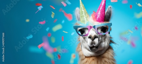  Happy Birthday, carnival, New Year's eve, sylvester or other festive celebration, funny animals card - Alpaca with party hat and sunglasses on blue background with confetti photo