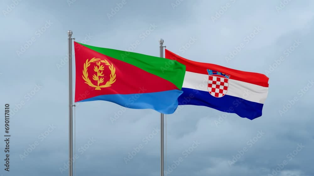 Croatia and Eritrea flag waving together on cloudy sky, endless seamless loop, two country cooperation concept Croatia and Eritrea flag waving together on cloudy sky, endless seamless loop, two country cooperation concept