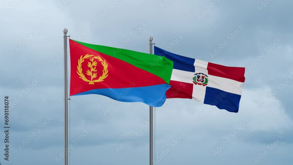 Dominican Republic flag and Eritrea flag waving together on cloudy sky, endless seamless loop, two country relations concept Dominican Republic flag and Eritrea flag waving together on cloudy sky, endless seamless loop, two country relations concept