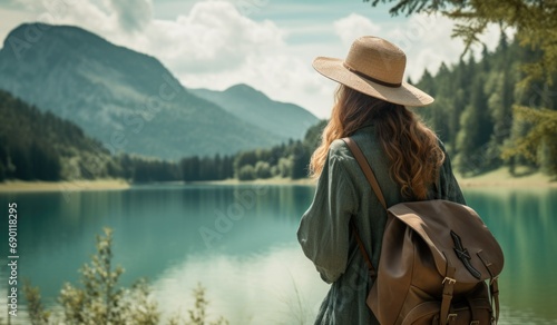 A woman explores a serene lake surrounded by mountains on a sunny day, enjoying nature's beauty and tranquility