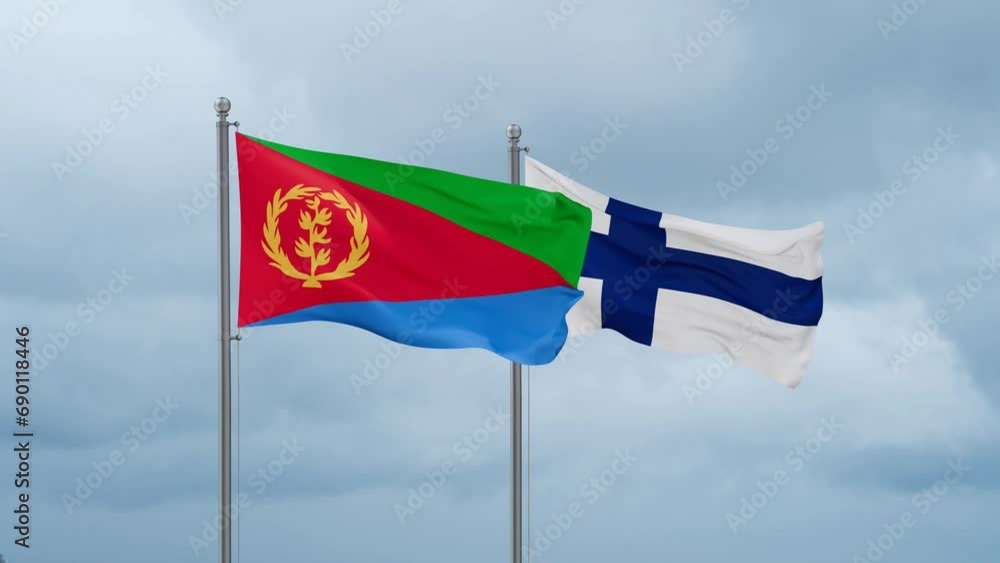 Finland flag and Eritrea flag waving together on cloudy sky, endless seamless loop, two country relations concept Finland flag and Eritrea flag waving together on cloudy sky, endless seamless loop, two country relations concept