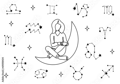 Young woman. Moon. Zodiac sign. One line
