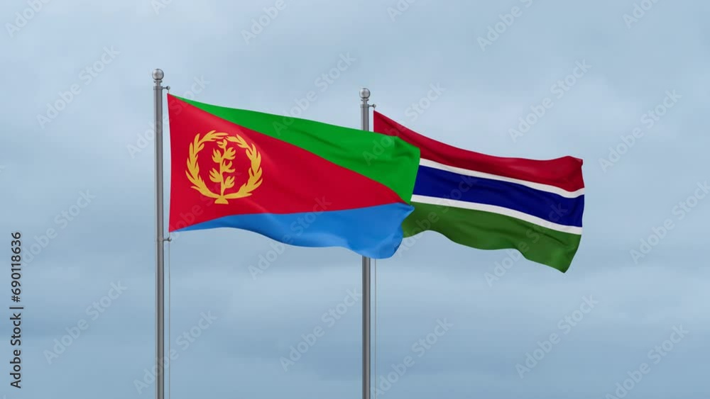 Gambia flag and Eritrea flag waving together on cloudy sky, endless seamless loop, two country relations concept Gambia flag and Eritrea flag waving together on cloudy sky, endless seamless loop, two country relations concept