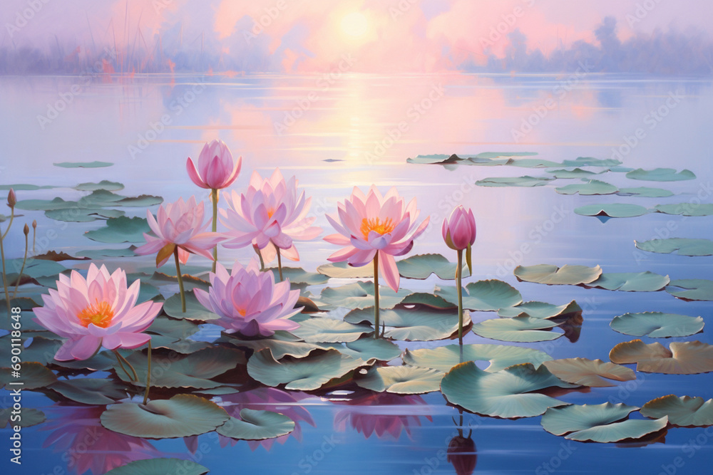 lily pond at dawn, oil painting