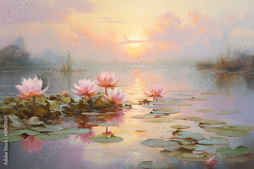 lily pond at dawn, oil painting © Kritchanok