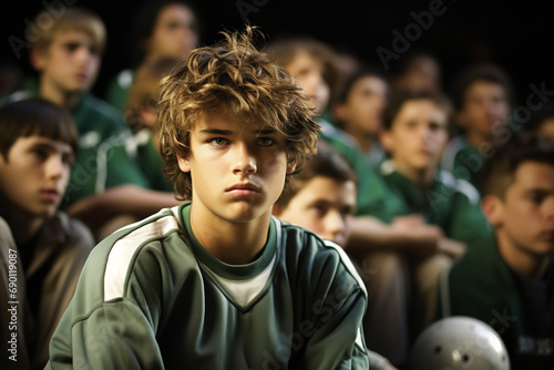 Teenager jealously watching peers on a successful sports team photo