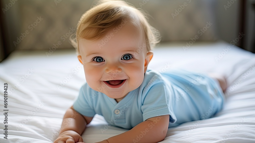 Baby lying on bed. The baby is smiling and seems to be enjoying the time spent on the bed. Baby lying on bed. The baby is smiling and seems to be enjoying the time spent on the bed.