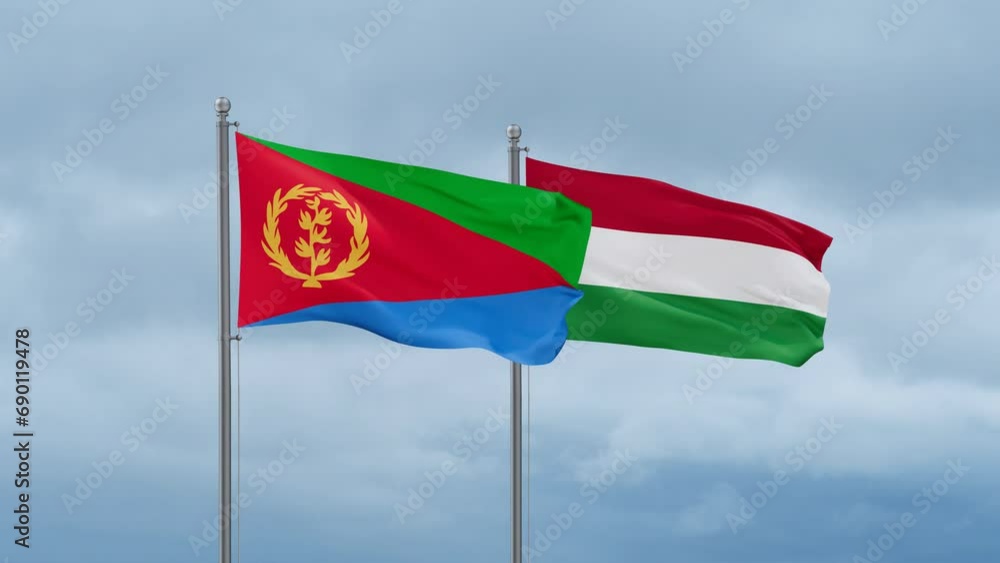 Hungary flag and Eritrea flag waving together on cloudy sky, endless seamless loop, two country relations concept Hungary flag and Eritrea flag waving together on cloudy sky, endless seamless loop, two country relations concept