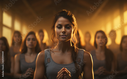 some women pose in meditation in a sitting pose in a yoga studio photo